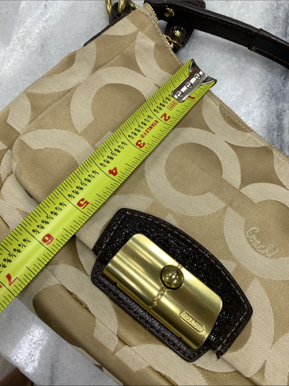Coach Tan Signature Canvas Shoulder Bag with Dark Brown Trim and Gold Hardware - Picture 9 of 11